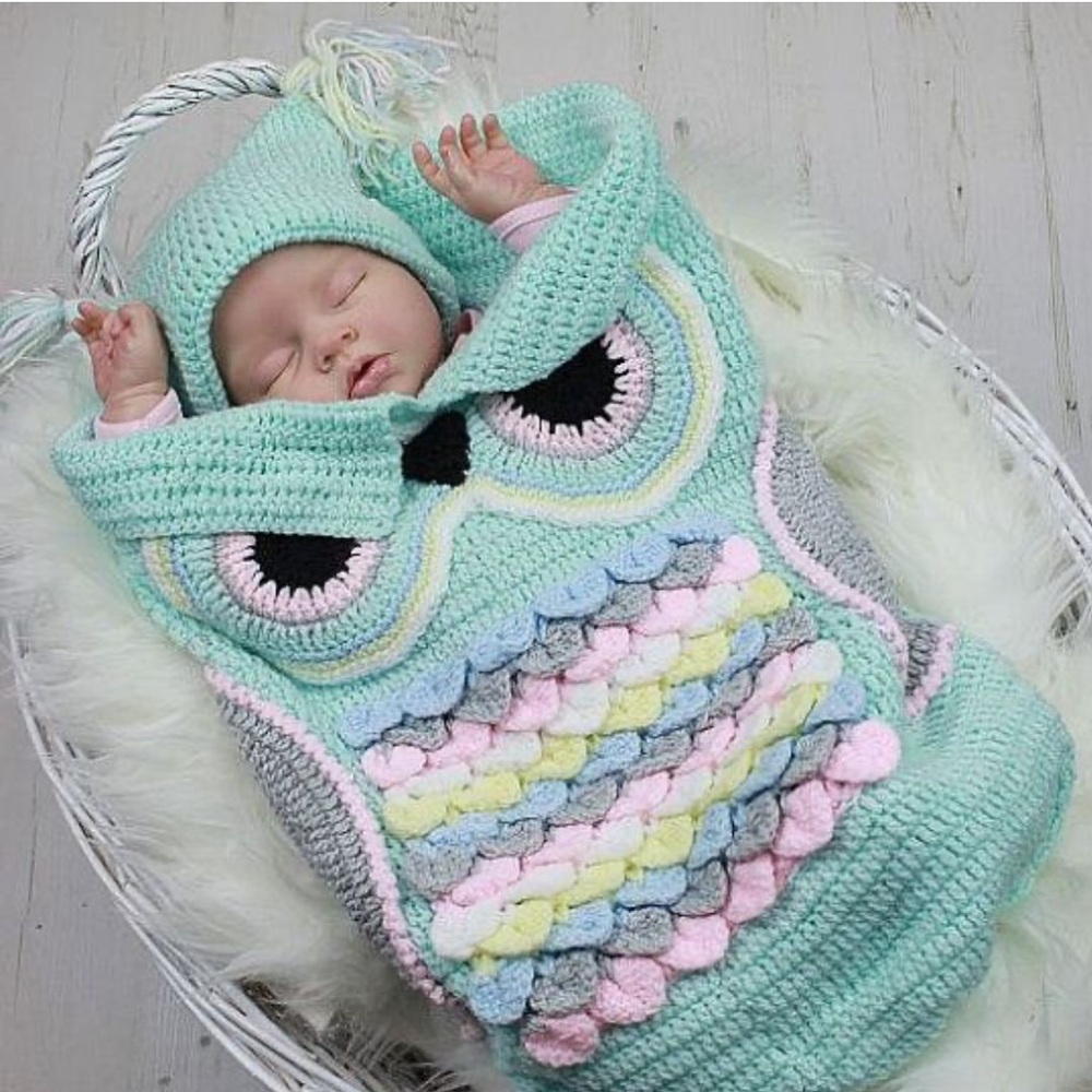 2 pc Crochet Owl Pattern baby suit , sleeping bag bunting swaddle Multi pastel